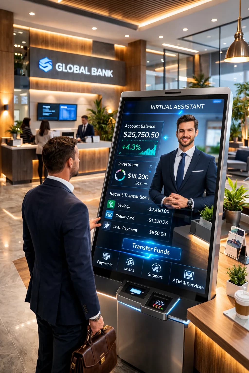 A customer reviewing balances and transfers with an IGAI Tech virtual banking assistant on a branch kiosk