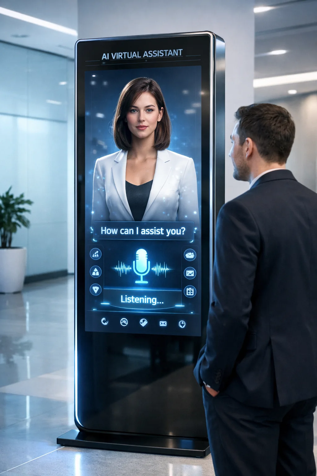 A citizen speaking to an IGAI Tech virtual assistant on a free-standing kiosk in a public service building